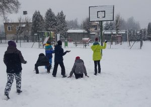 Zdjęcie przedstawia uczestników półkolonii rzucających śnieżkami do celu.